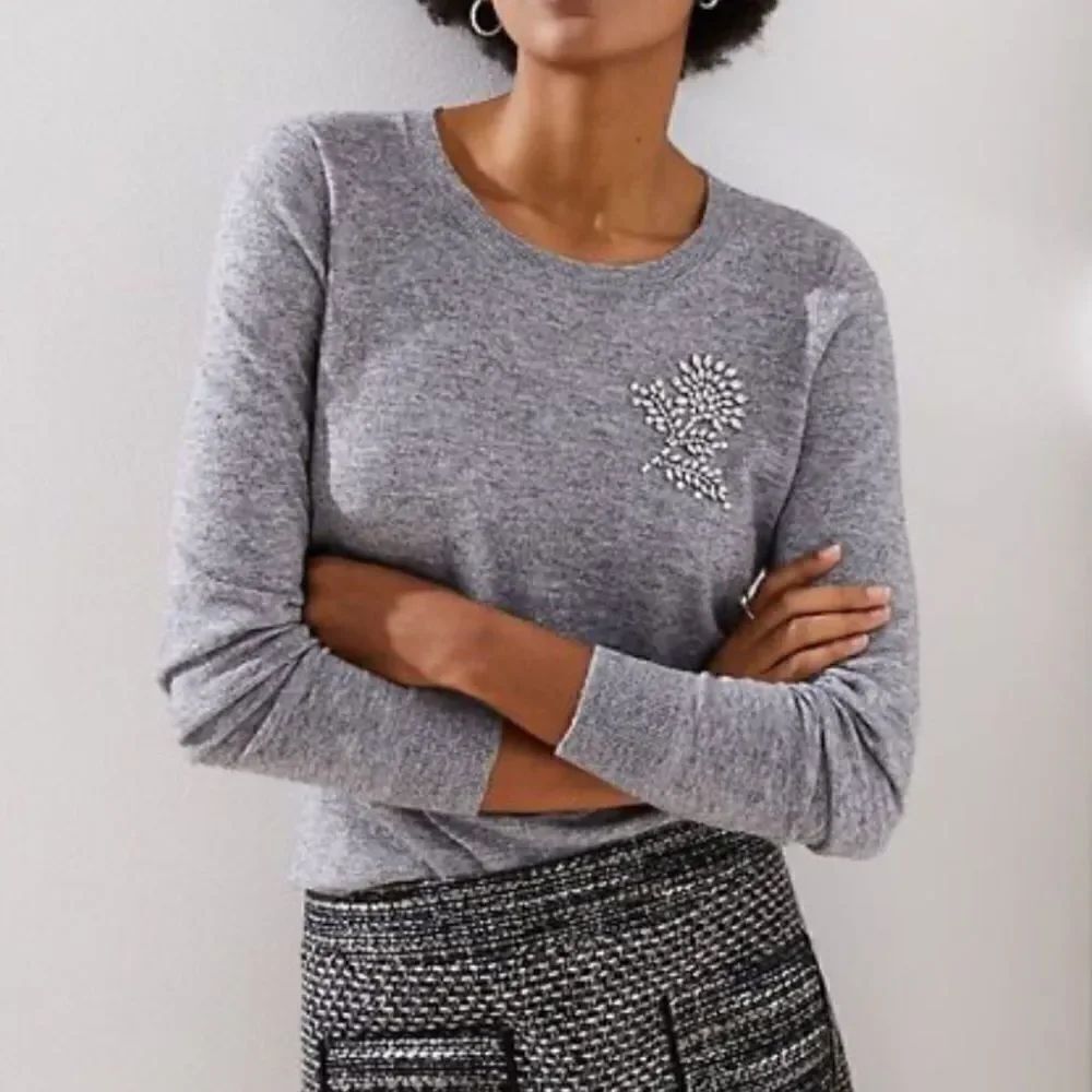 LOFT  Gray crystal flower Sweater top Size M